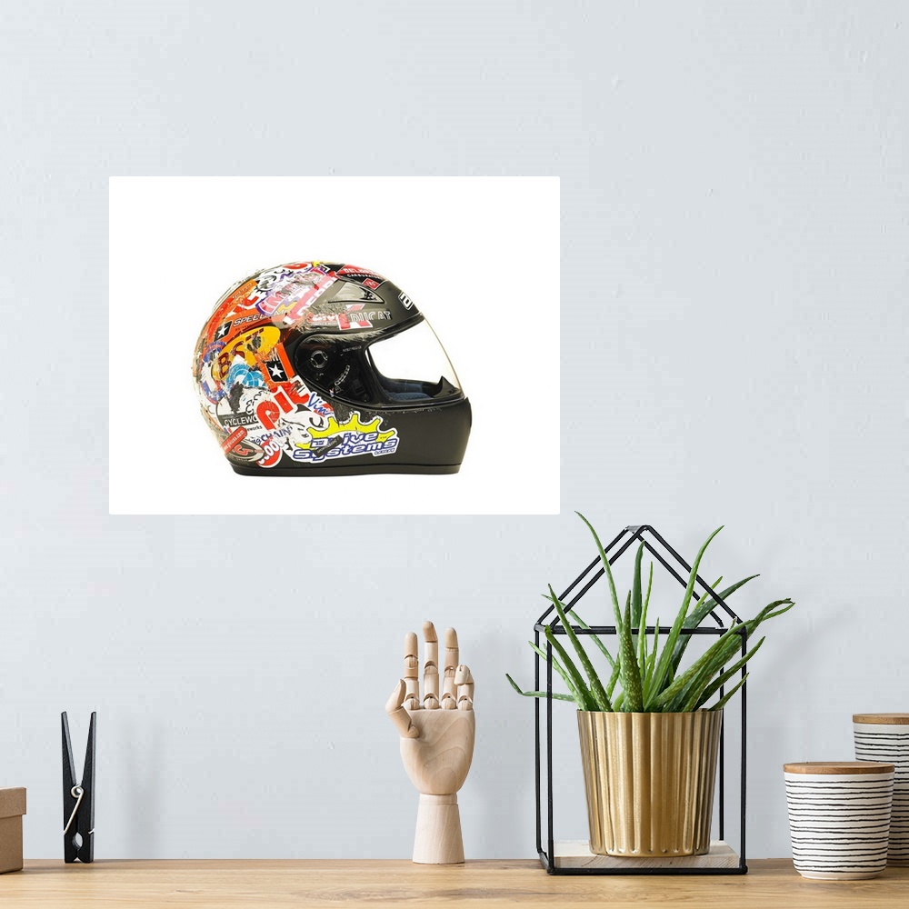A bohemian room featuring Motorcycle helmet on white background