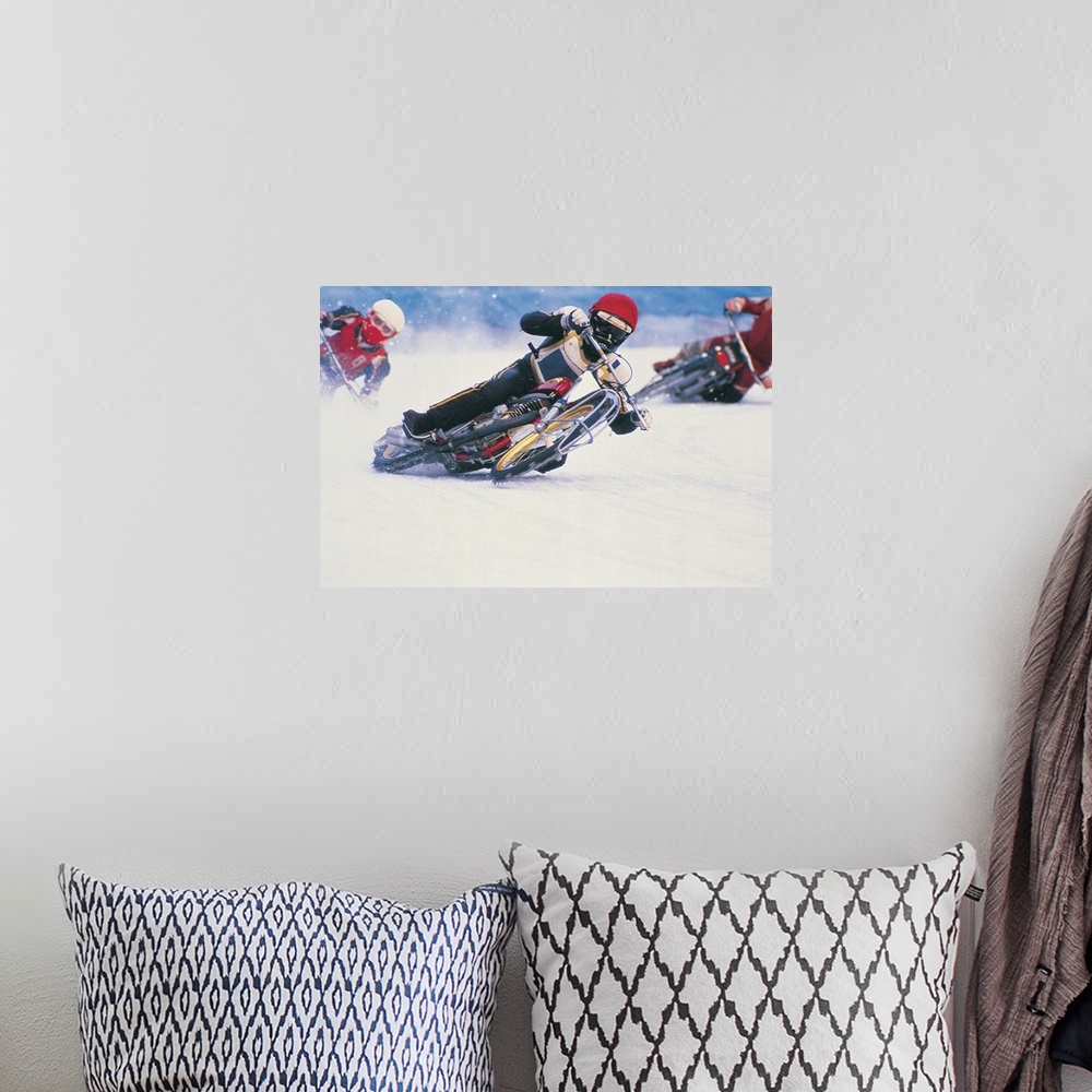 A bohemian room featuring Motorcycle racers on snow