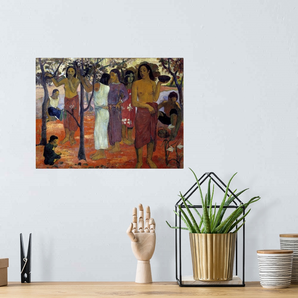A bohemian room featuring Nave Nave Mahana also known as "Delicious Day". A group of Tahitian women in a garden. Painting b...