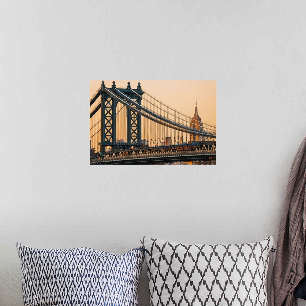 A bohemian room featuring USA, New York City, Manhattan Bridge with Empire State Building