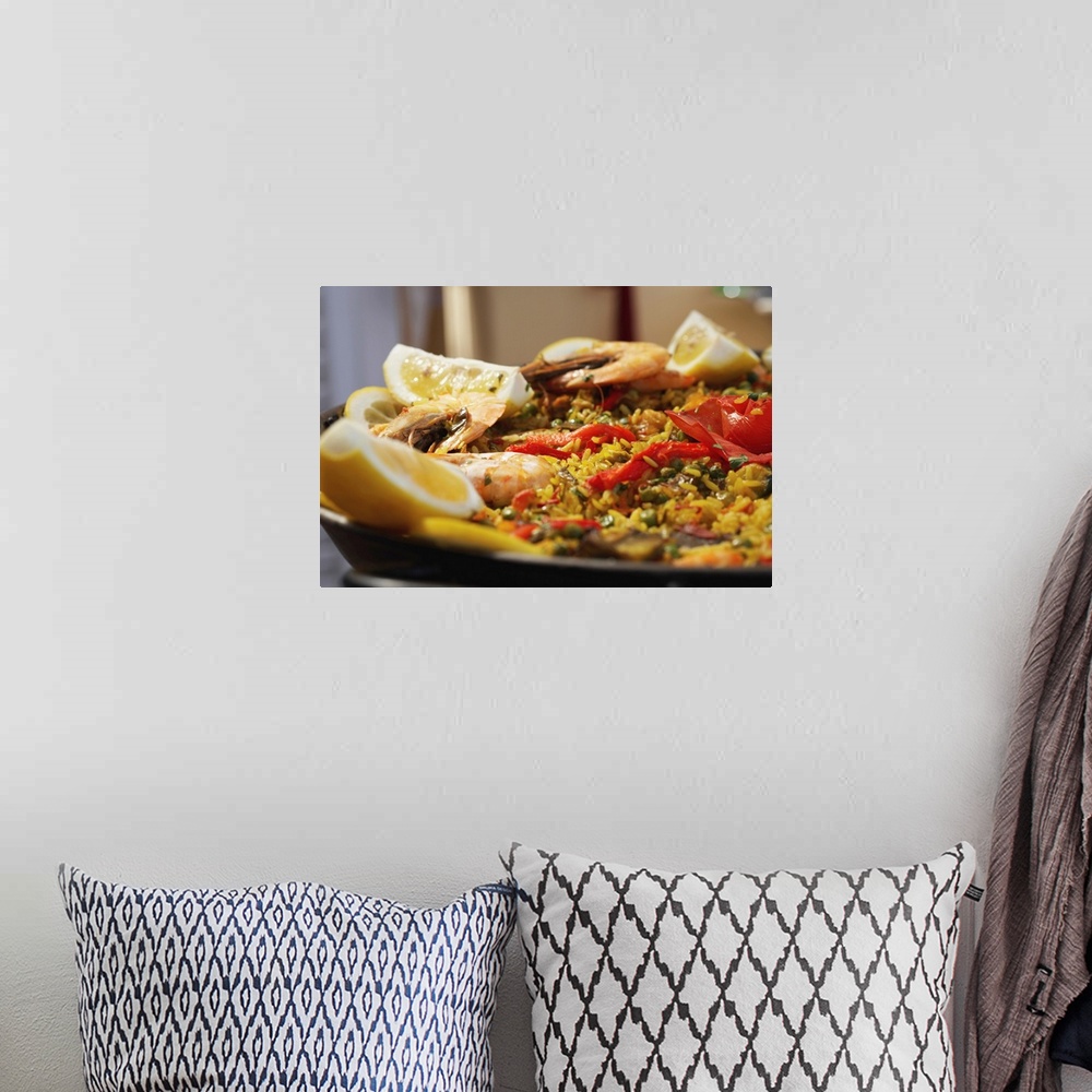 A bohemian room featuring Paella dish, close-up