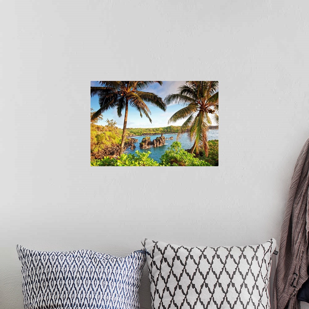 A bohemian room featuring Landscape photograph of two large palm trees swaying over the coastline in Maui, Hawaii.  Large r...