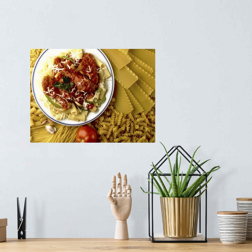 A bohemian room featuring Pasta plate on bed of dry pasta