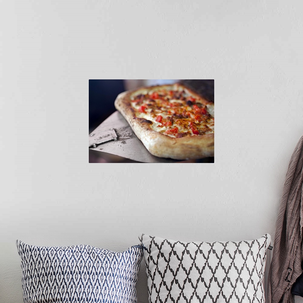 A bohemian room featuring Pizza with tomatoes, garlic and meat substitute