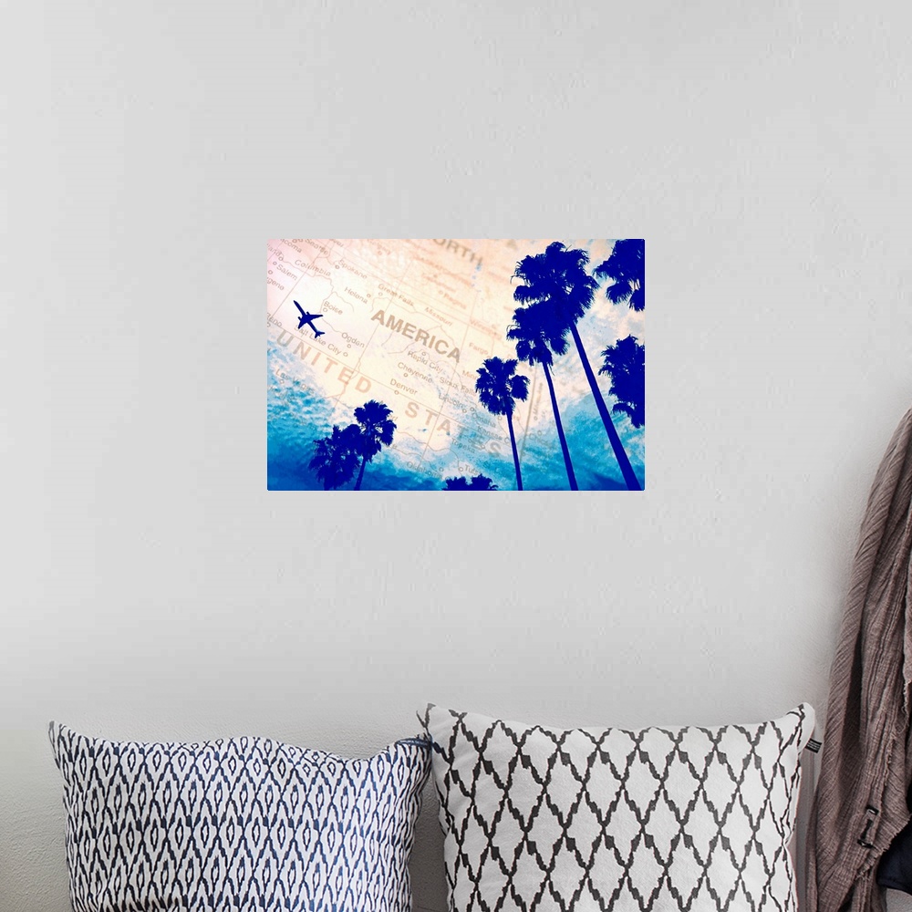 A bohemian room featuring Plane in sky with map