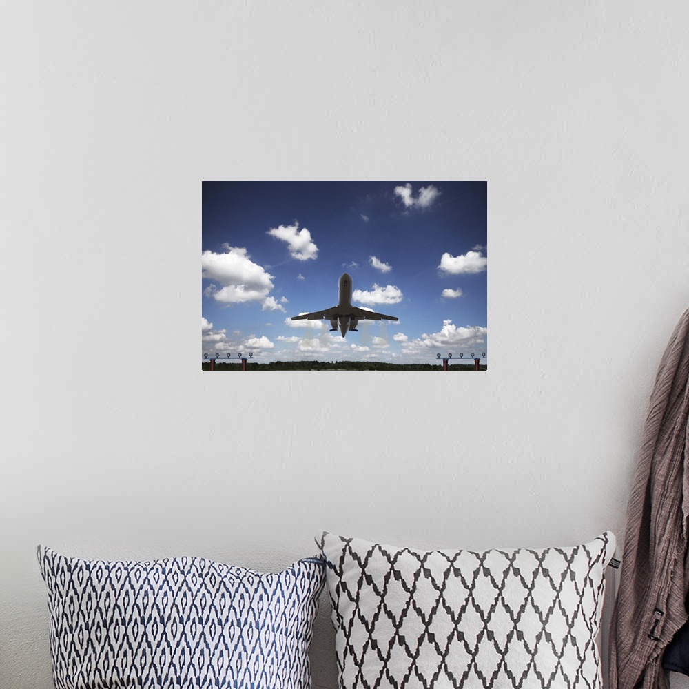 A bohemian room featuring Plane taking off