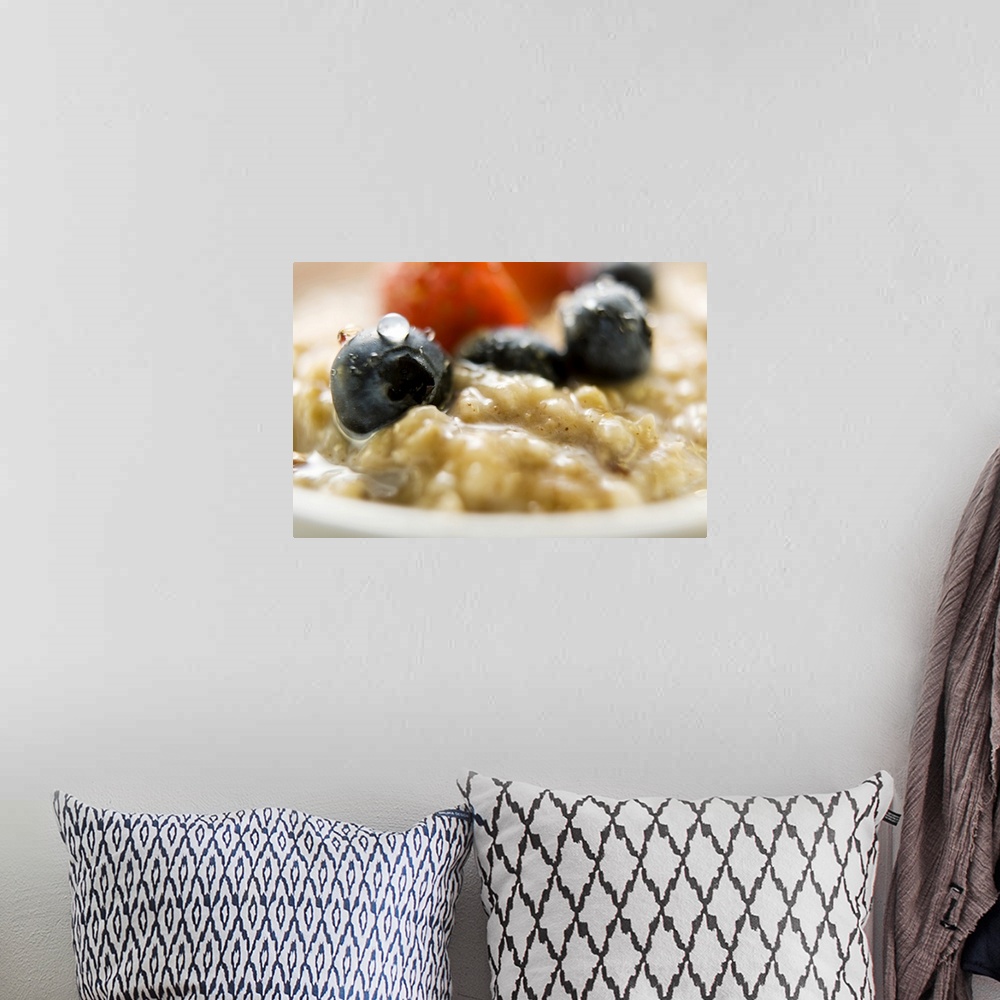 A bohemian room featuring Porridge with berries, close-up