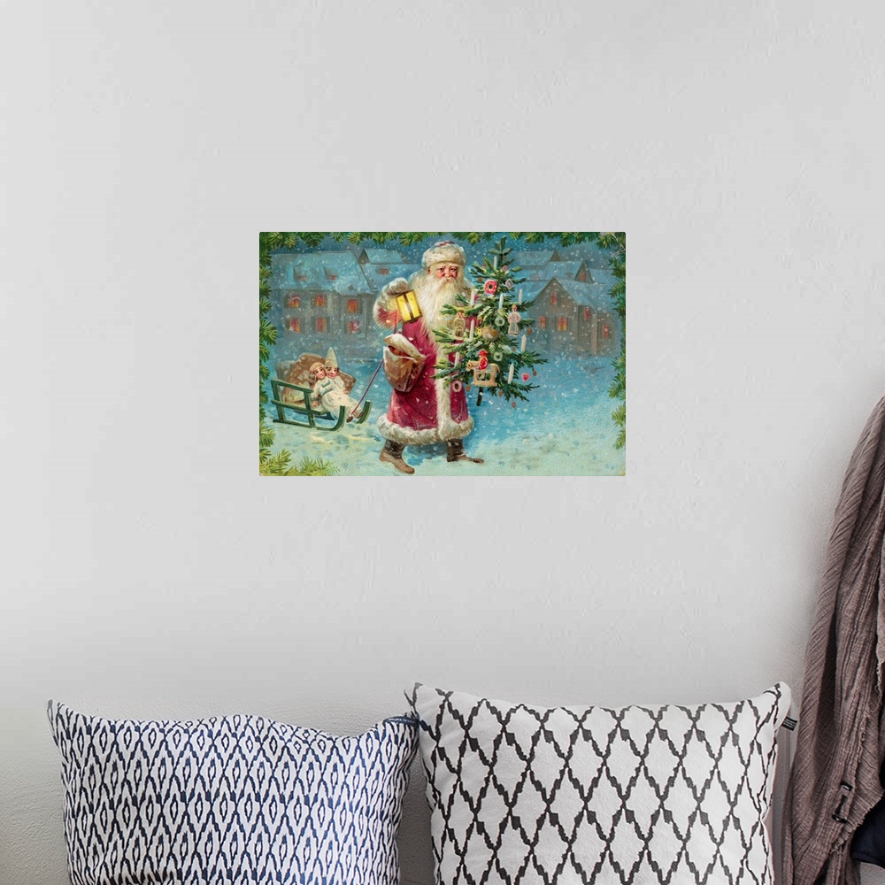 A bohemian room featuring Postcard With Santa Claus Holding A Christmas Tree
