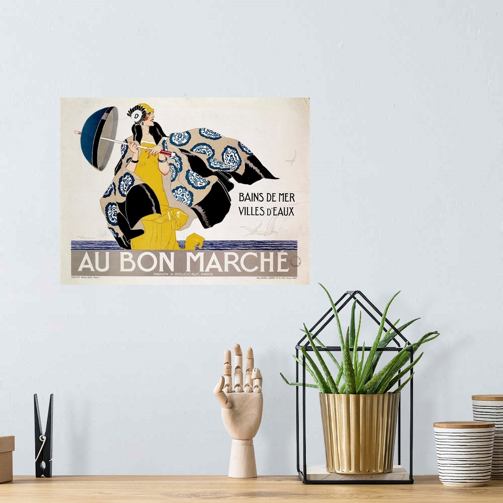 A bohemian room featuring Poster advertising the Department stores Au Bon Marche for articles of the Sea swimming and Spas,...