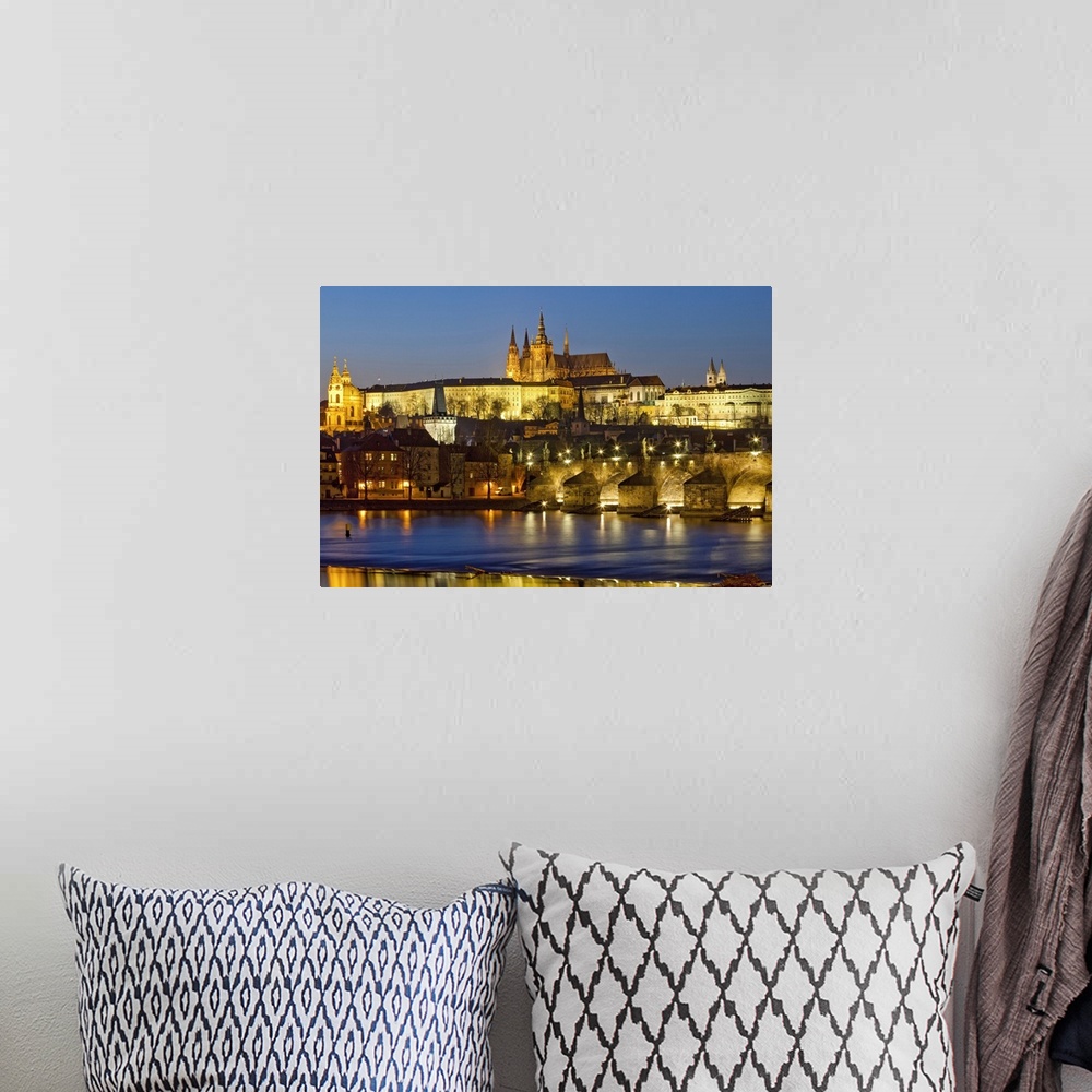 A bohemian room featuring Prague - Charles Bridge, Hradcany Castle, St. Vitus Cathedral at dusk.