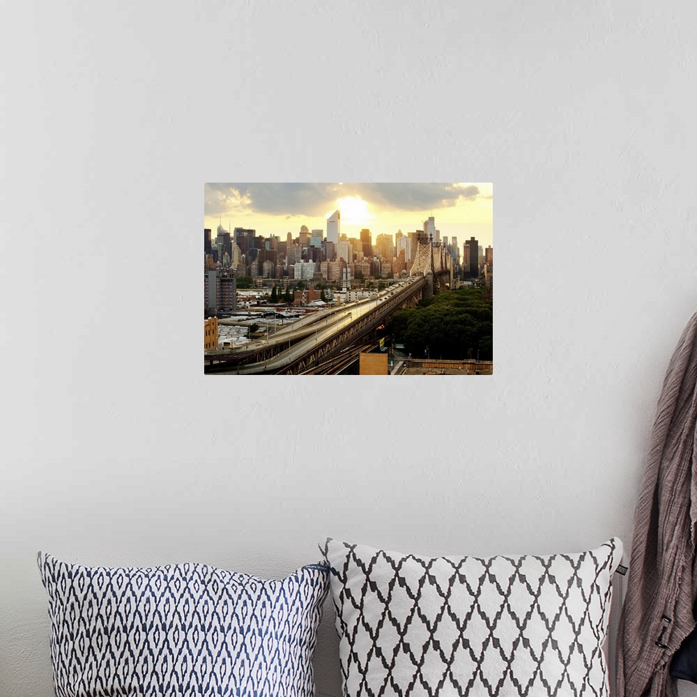 A bohemian room featuring Queensboro Bridge Queens, New York. Midtown manahttan skyline.