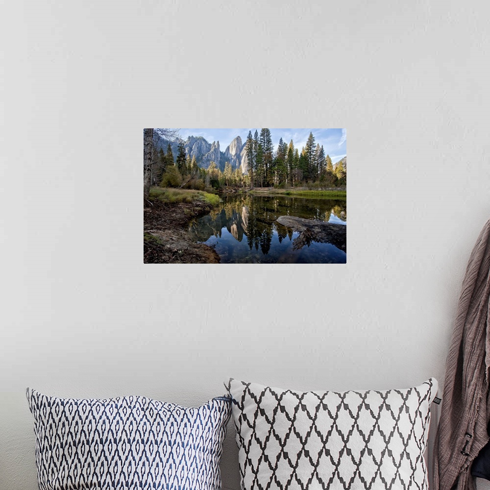 A bohemian room featuring Reflections of Cathedral Peaks along Merced River in Yosemite National Park.