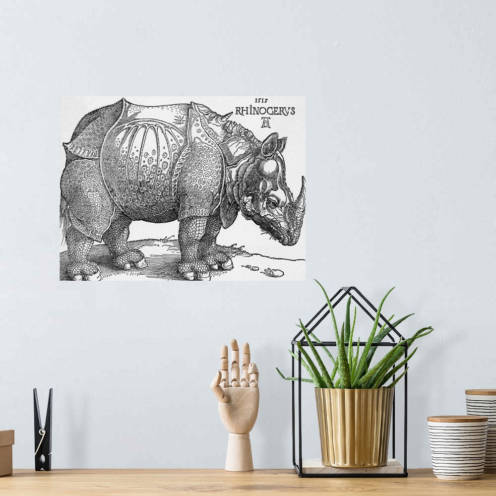 A bohemian room featuring Drawing of a rhinoceros by Albrecht Durer, c. 1515. BPA2
