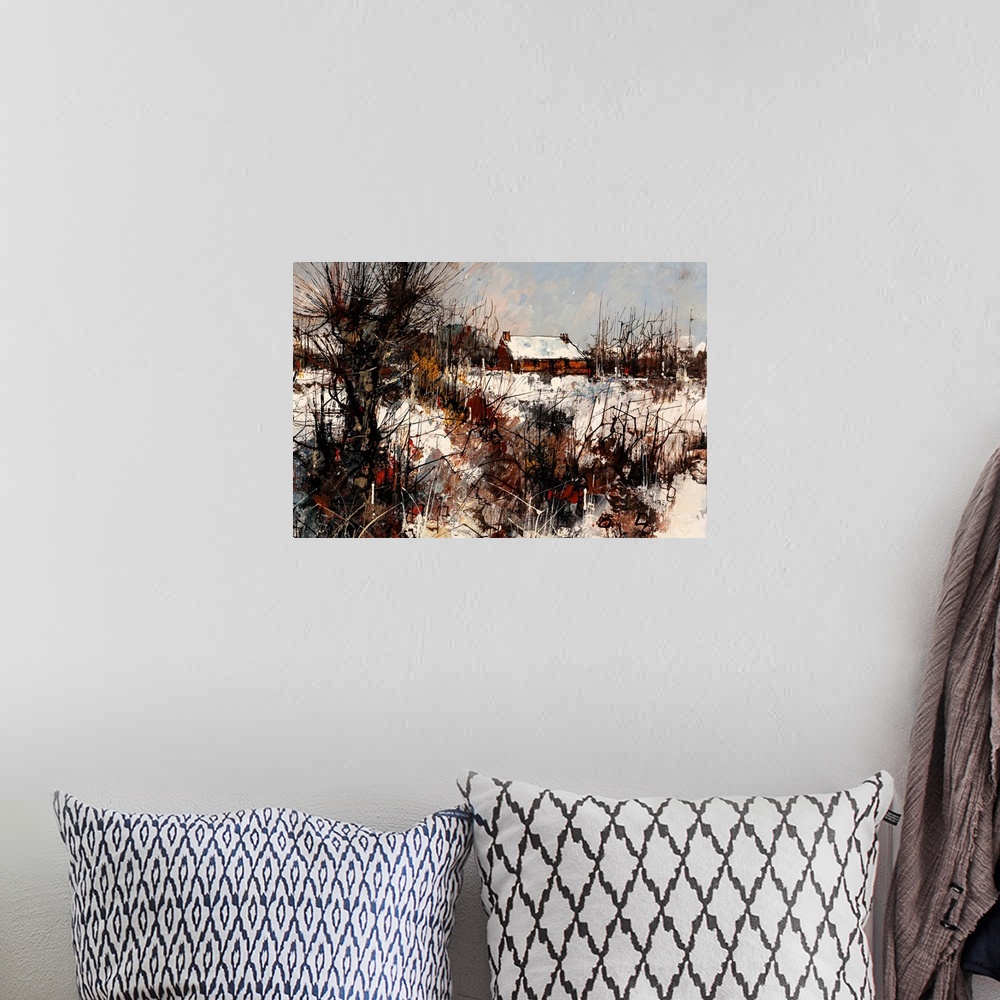 A bohemian room featuring Oil painting of a rural landscape in winter.