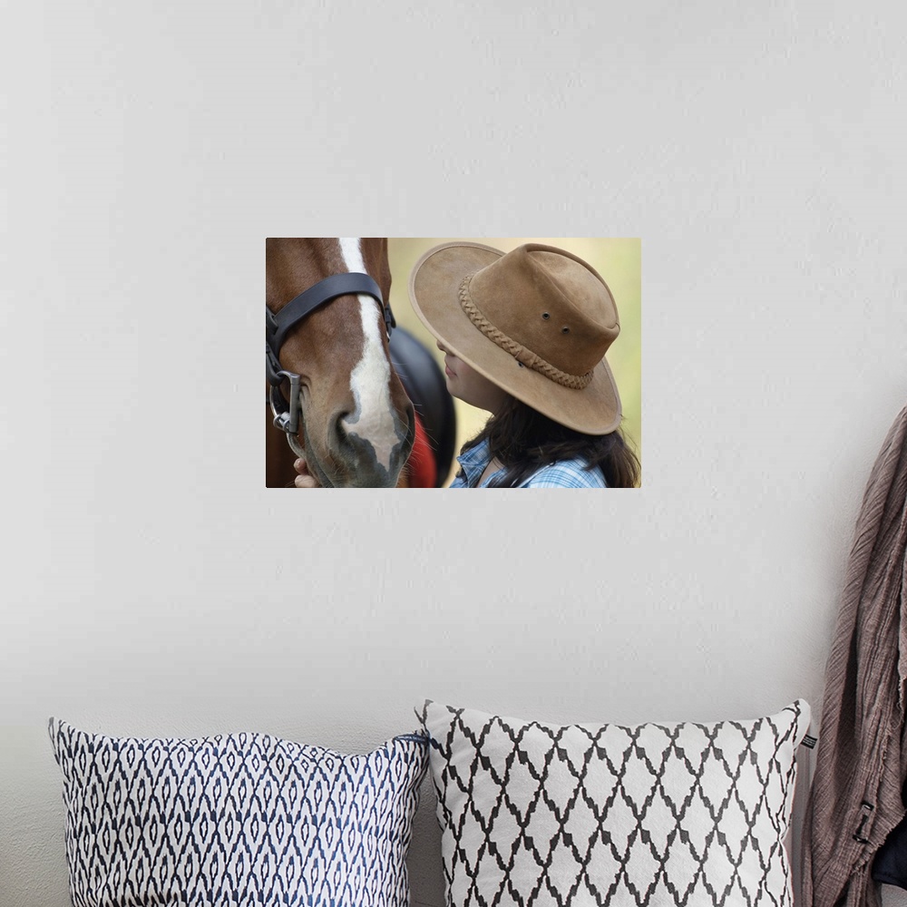 A bohemian room featuring Side Profile Of A Teenage Girl Touching A Horse