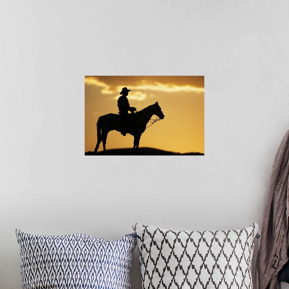 A bohemian room featuring Silhouette of cowboy on horseback at sunset or sunrise