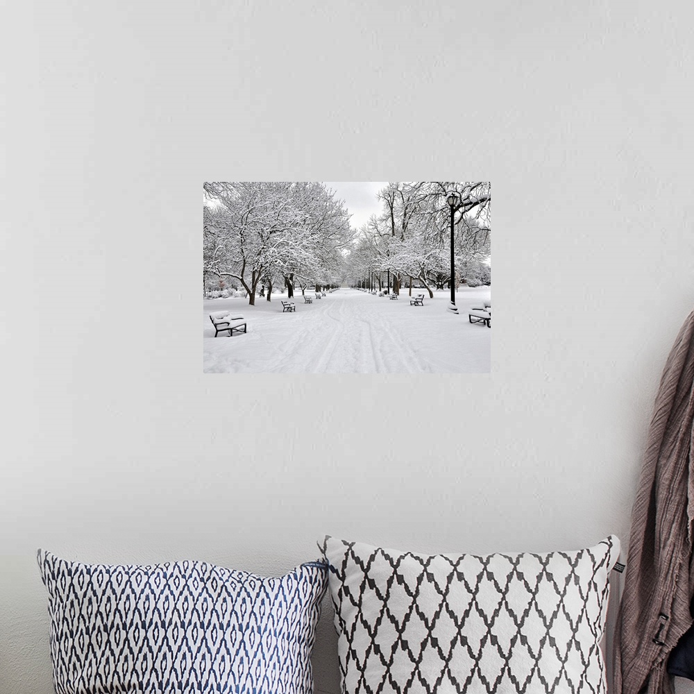 A bohemian room featuring A horizontal black and white photo on canvas of a snowy park with benches and snow covered trees ...