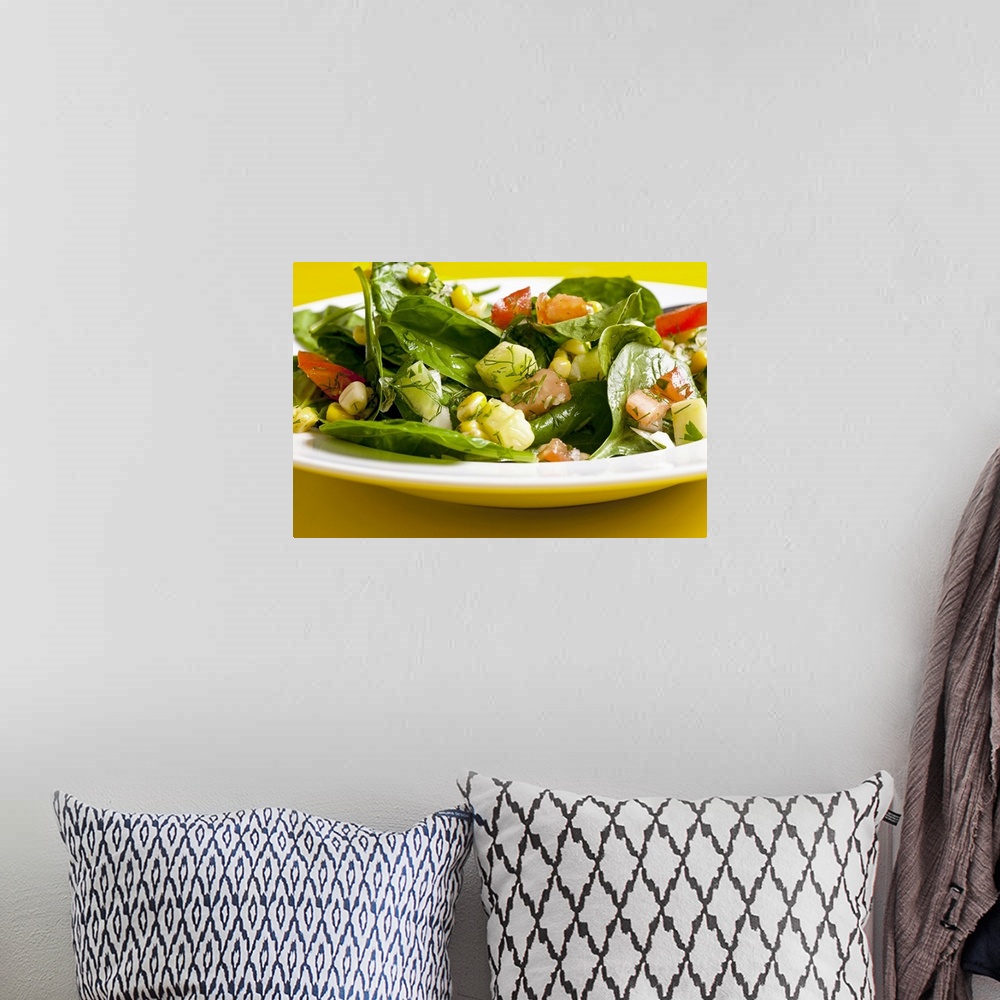 A bohemian room featuring Spinach and sweet corn salad with tomatoes, cucumber and dill, close-up