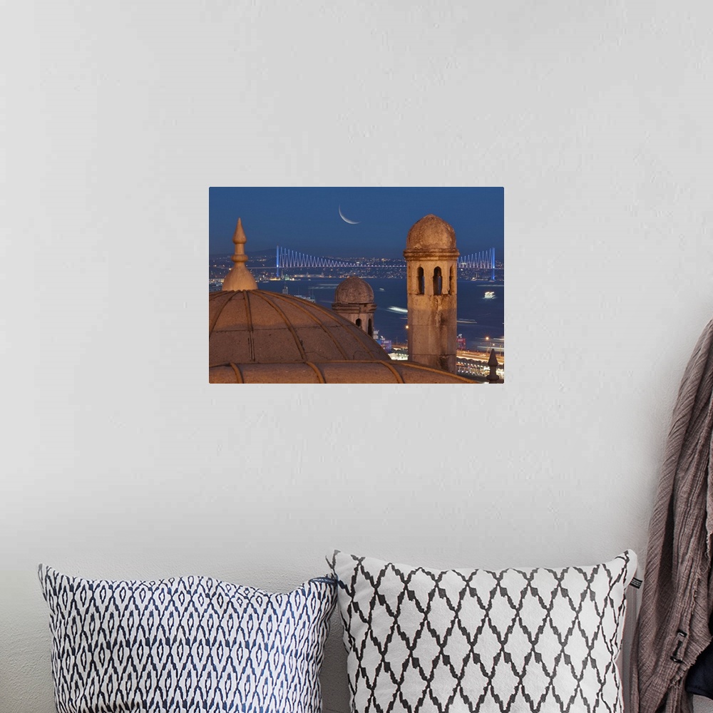 A bohemian room featuring Suleymaniye chimneys with Bosphorous Bridge in background.