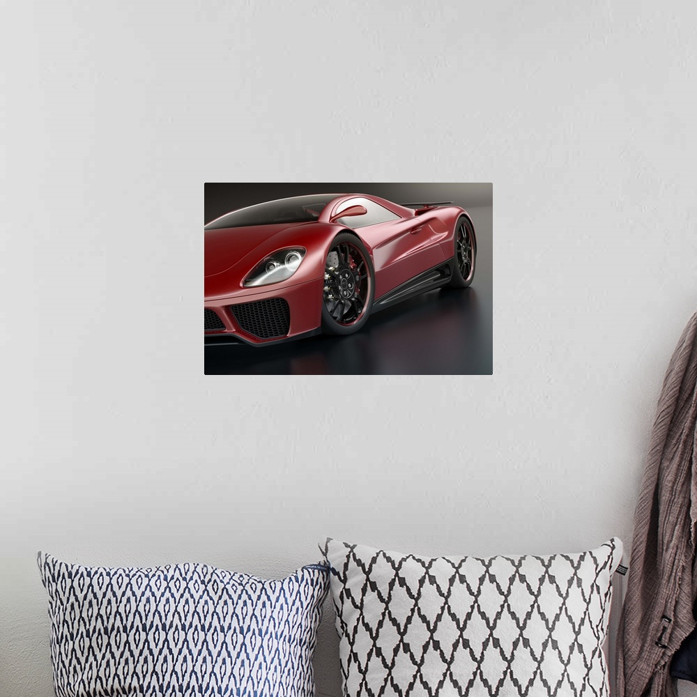 A bohemian room featuring Close view of a modern red sports car. Unique generic car design.  Designed and modelled entirely...