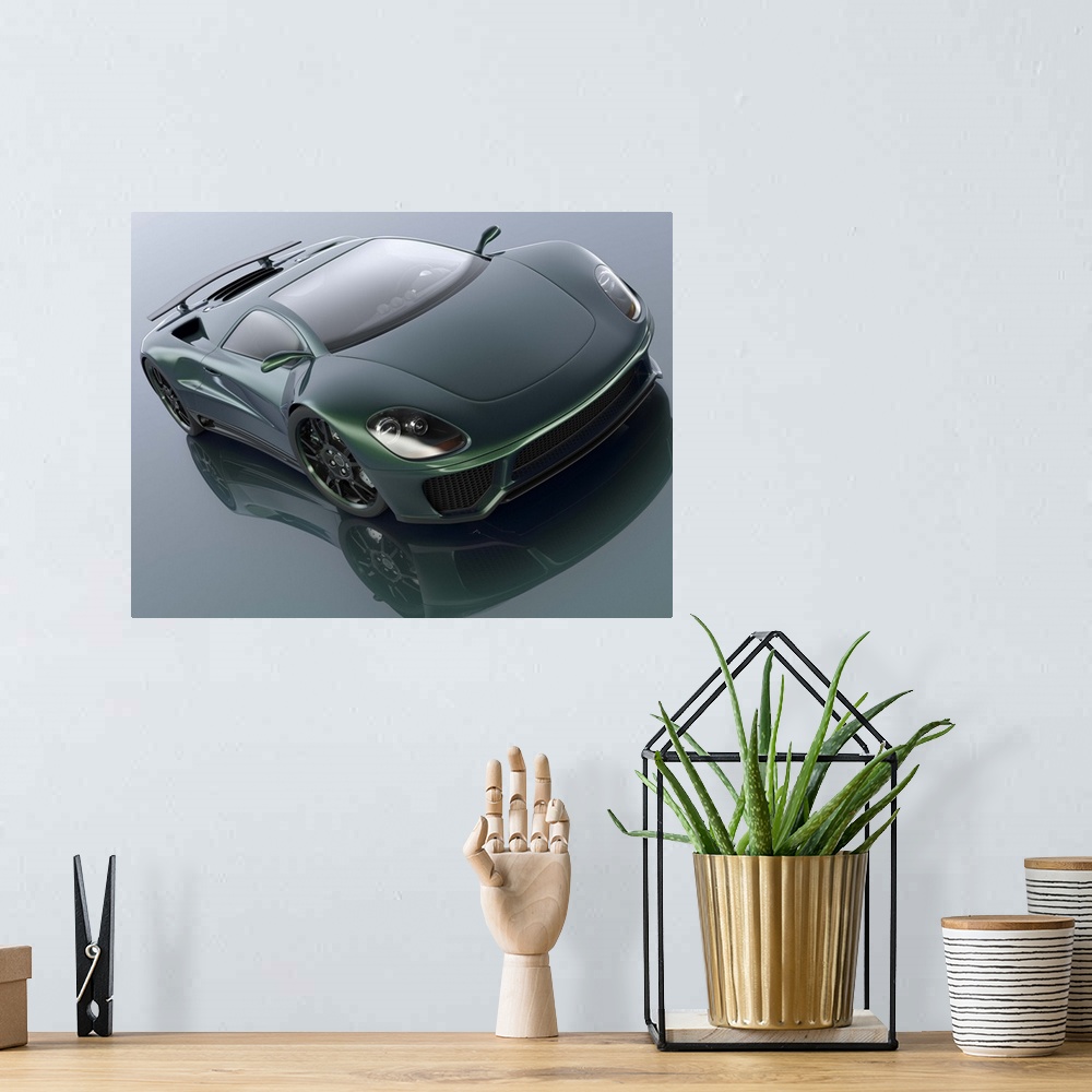 A bohemian room featuring A modern dark green sports car. Unique generic car design.  Designed and modelled entirely by mys...