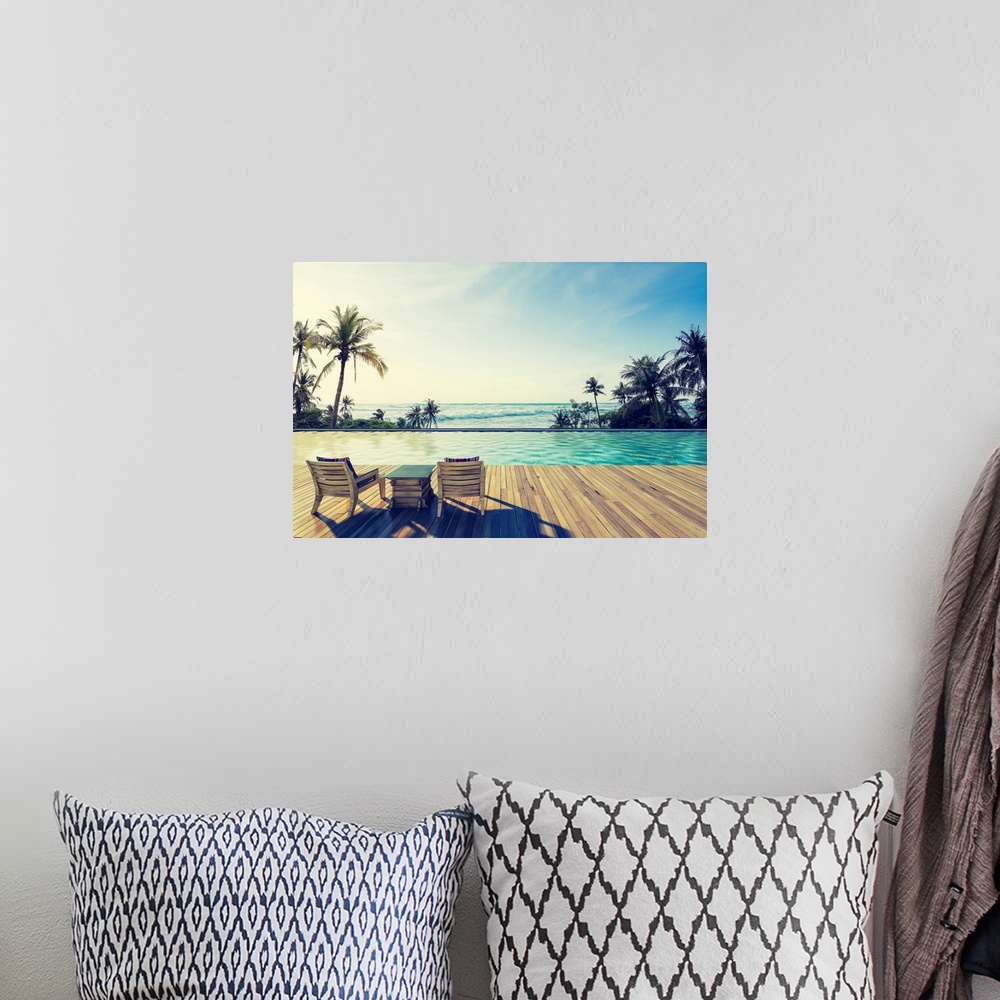 A bohemian room featuring Three dimensional rendering of a beautiful swimming pool with the sea at sunlight.