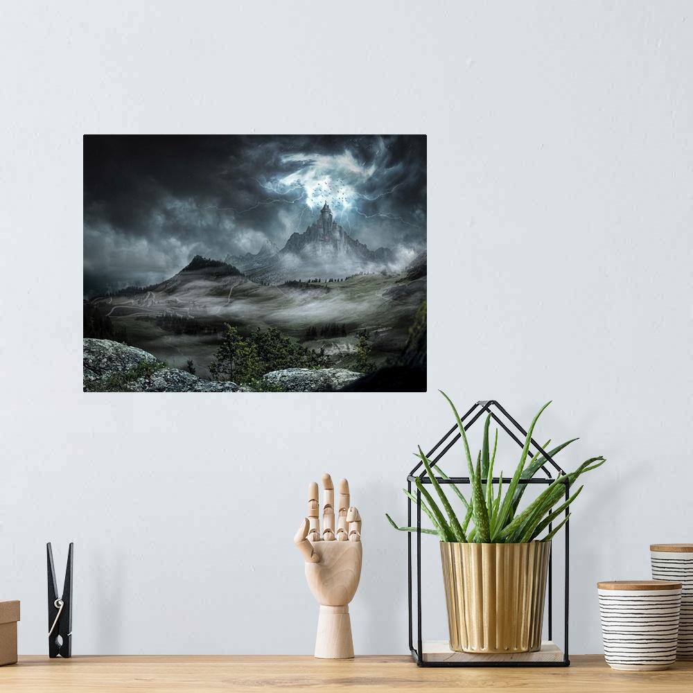 A bohemian room featuring Digital illustration of a dark castle with strong rays and lightning.