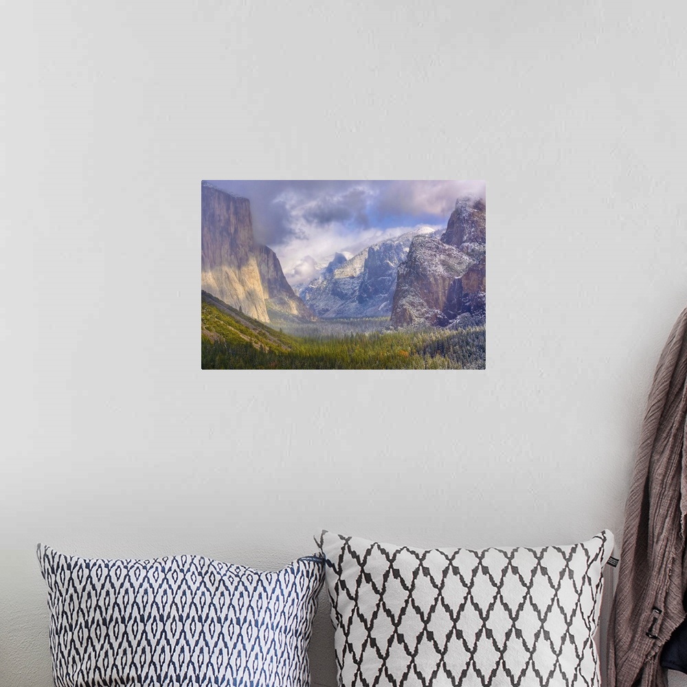 A bohemian room featuring A landscape of Tunnel view right after a morning storm at Yosemite National Park. On the left, st...