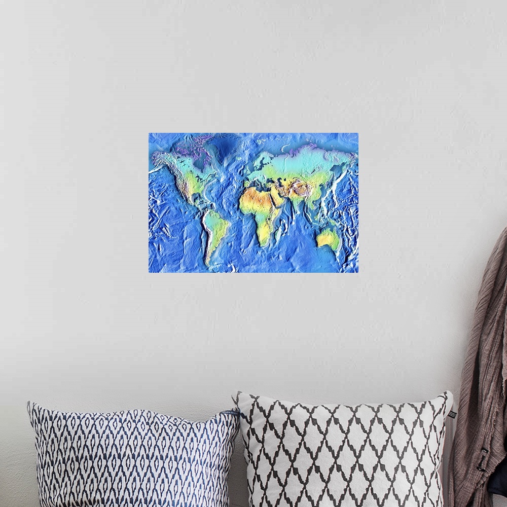 A bohemian room featuring Topographic map of world
