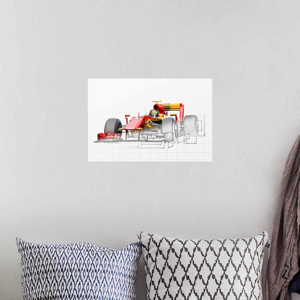 A bohemian room featuring Partially finished illustration of drag racing car on grid paper.