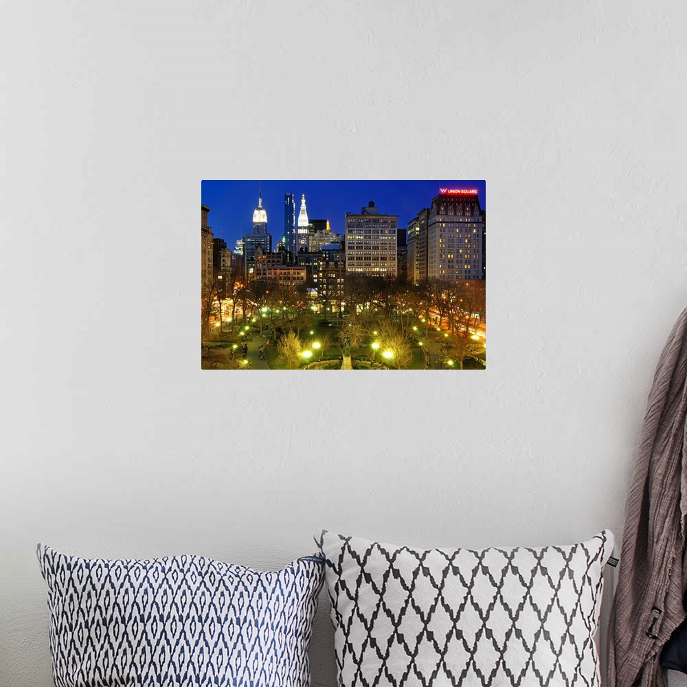 A bohemian room featuring Aerial view of Union Square in Manhattan, New York City at night.