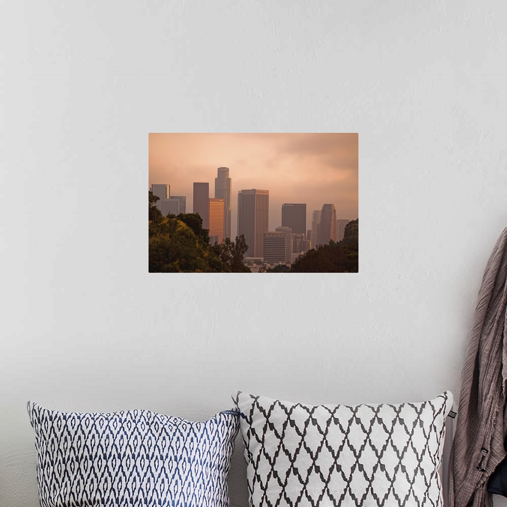 A bohemian room featuring Unique view of downtown Los Angeles between hills.