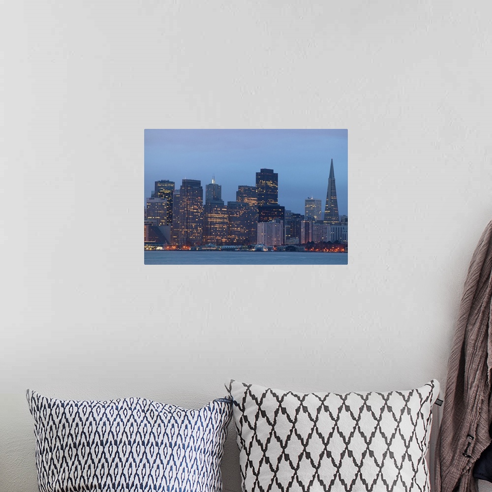 A bohemian room featuring USA, California, San Francisco city skyline, dusk