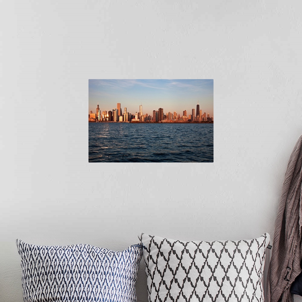A bohemian room featuring USA, Illinois, Chicago, City skyline over Lake Michigan