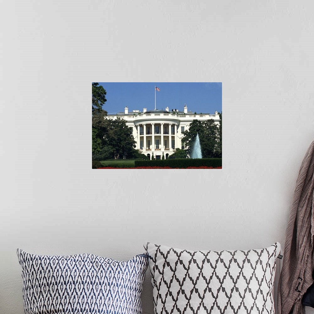 A bohemian room featuring White House exterior and grounds