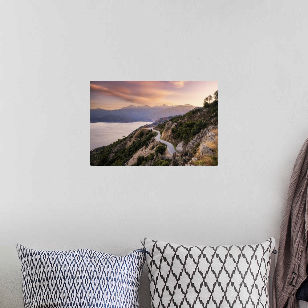 A bohemian room featuring The D824 road winding its way along the coast from Capu Rossu towards Piana on the west coast of ...