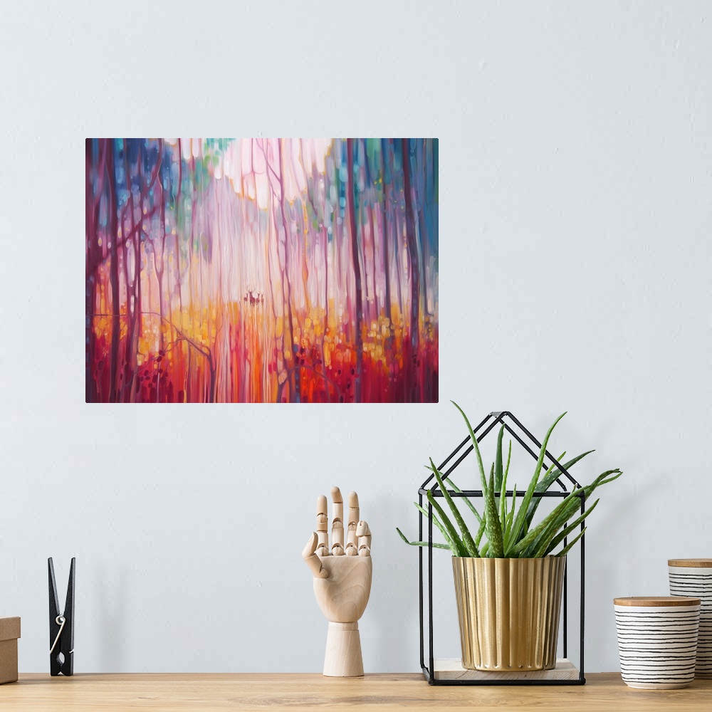 A bohemian room featuring Watercolor painting of a deer, deep within a colorful, dream-like forest.