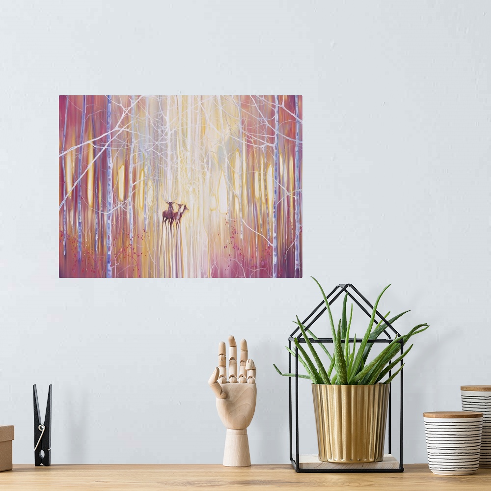 A bohemian room featuring Watercolor painting of deer, deep within a colorful, dream-like forest.