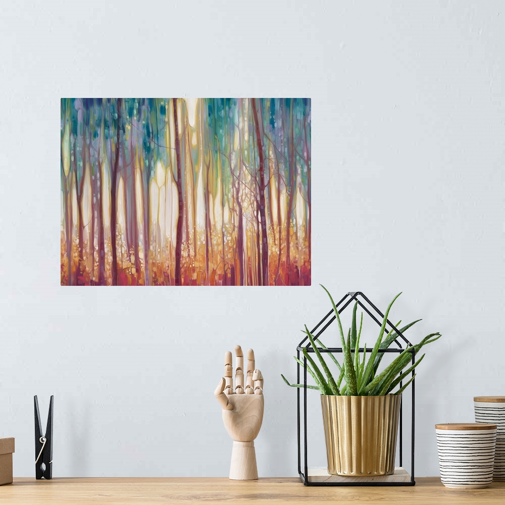 A bohemian room featuring Watercolor painting of a dream-like forest in varies shades of colors.