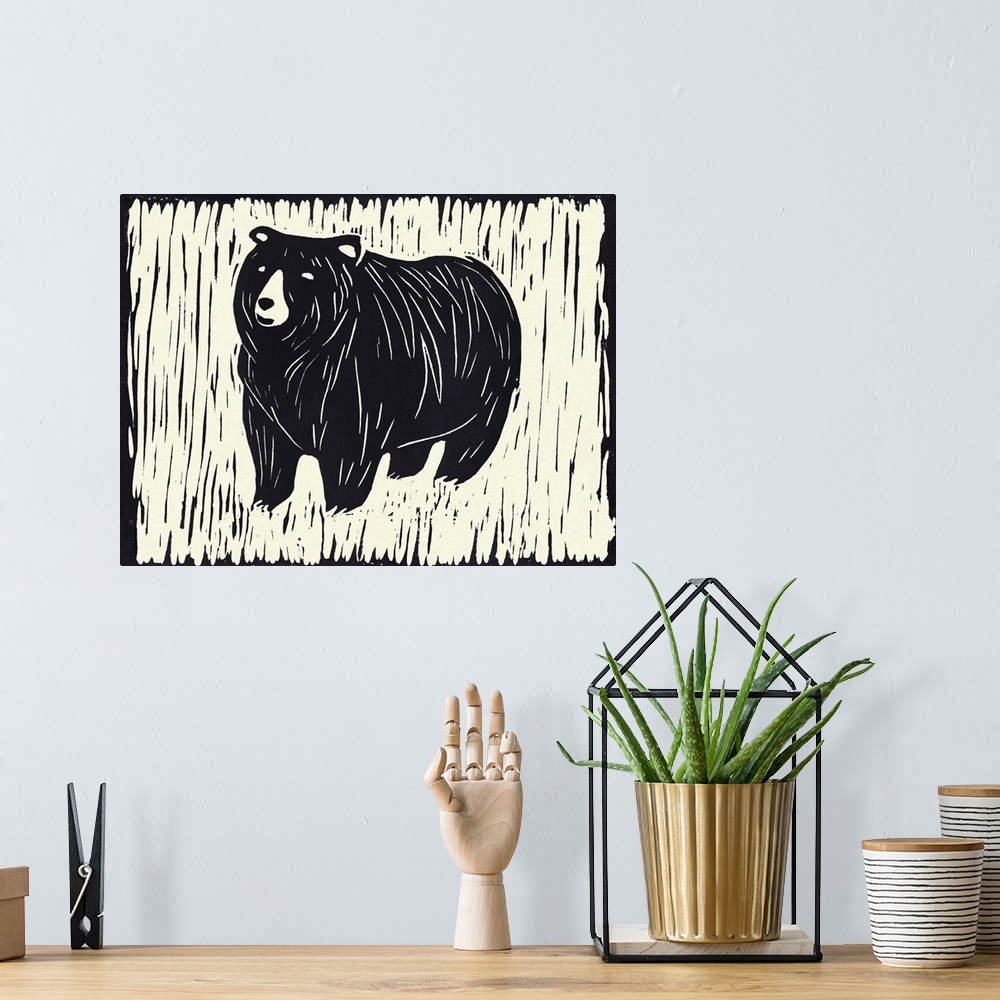 A bohemian room featuring Cute linocut print illustration of a bear.