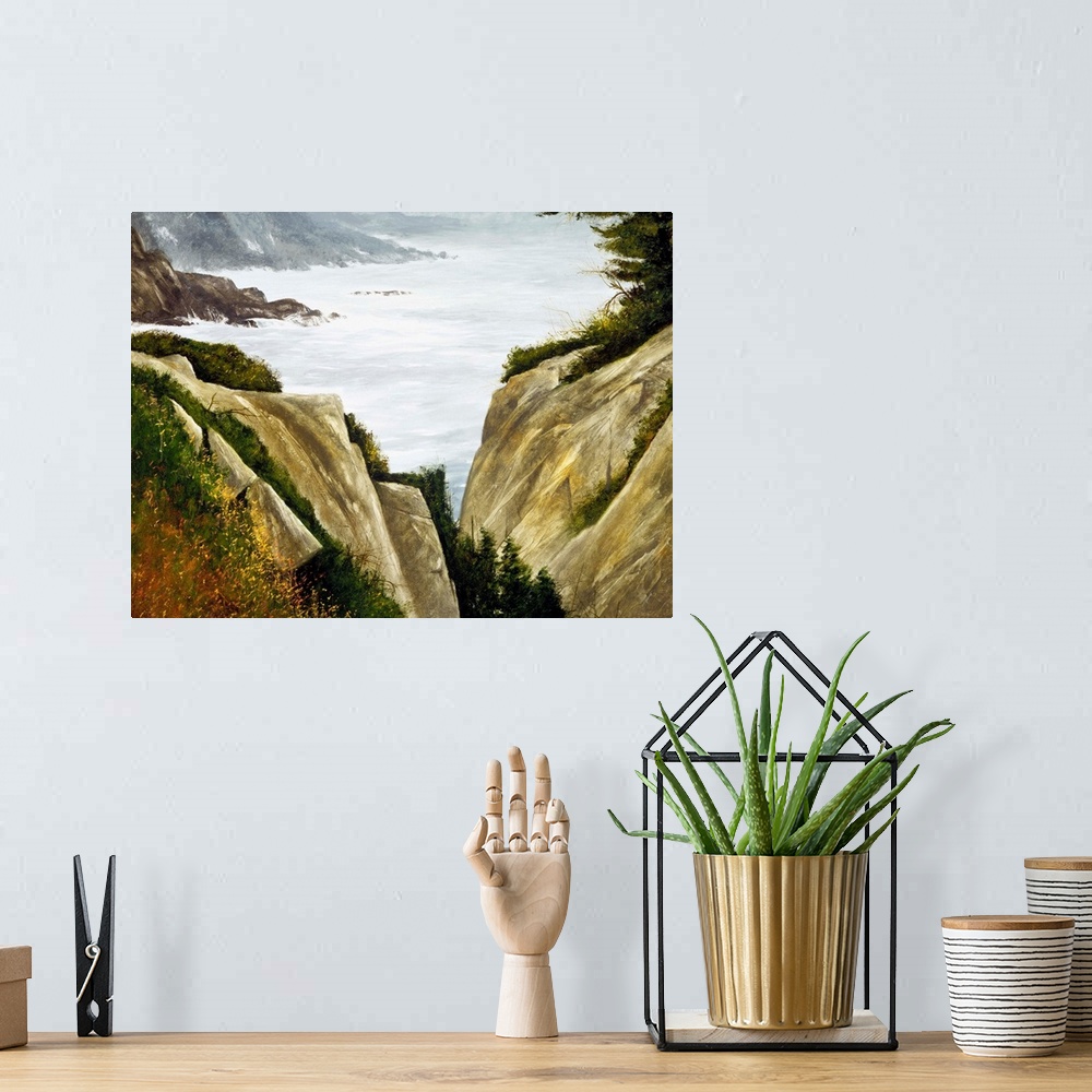 A bohemian room featuring Contemporary painting of a rocky seaside.