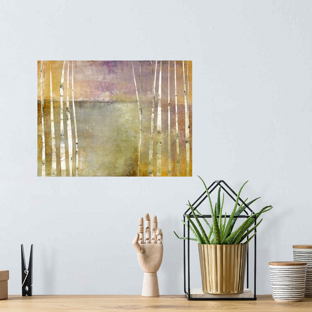 A bohemian room featuring Contemporary abstract painting of long, vertical birch trees with a purple, orange, and grey back...