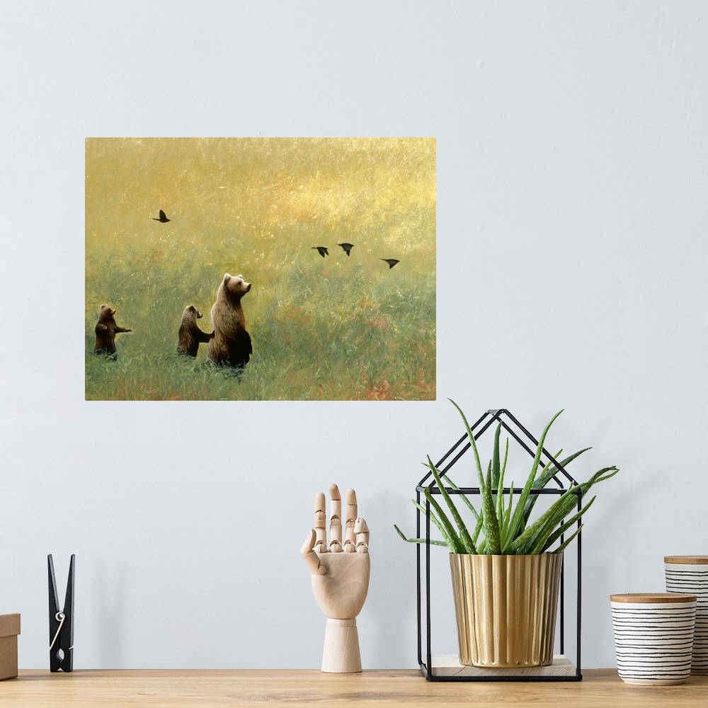 A bohemian room featuring Contemporary painting of three brown bears in a grassy field with black birds flying above.
