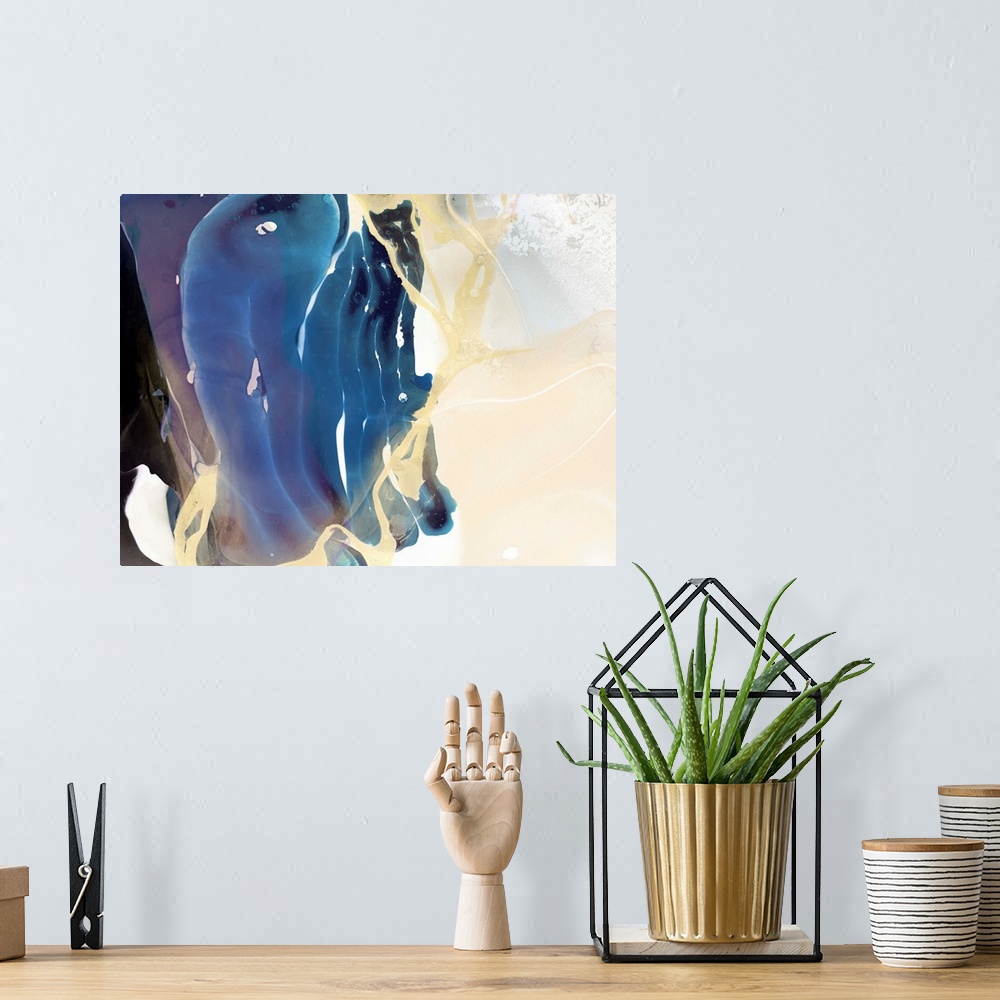 A bohemian room featuring Contemporary abstract artwork of a colorful textural liquids swirling around and creating etherea...