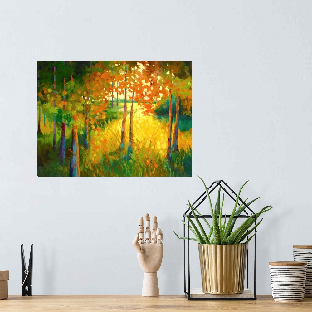 A bohemian room featuring Contemporary abstract painting of a colorful landscape with Autumn trees.