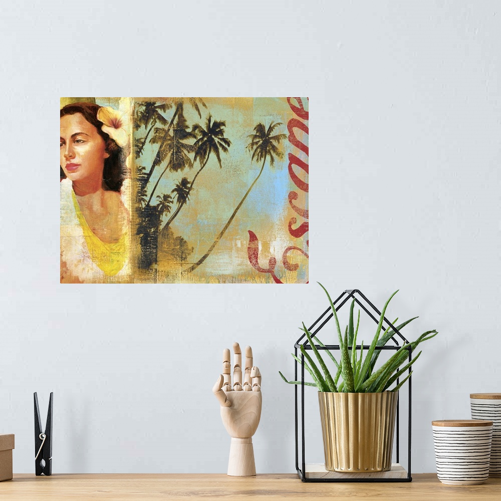 A bohemian room featuring Large collage of a woman with a tropical flower in her hair and the silhouette of palm trees over...