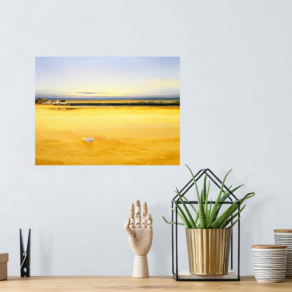 A bohemian room featuring Seascape in the late afternoon with golden water and houses in the distance.