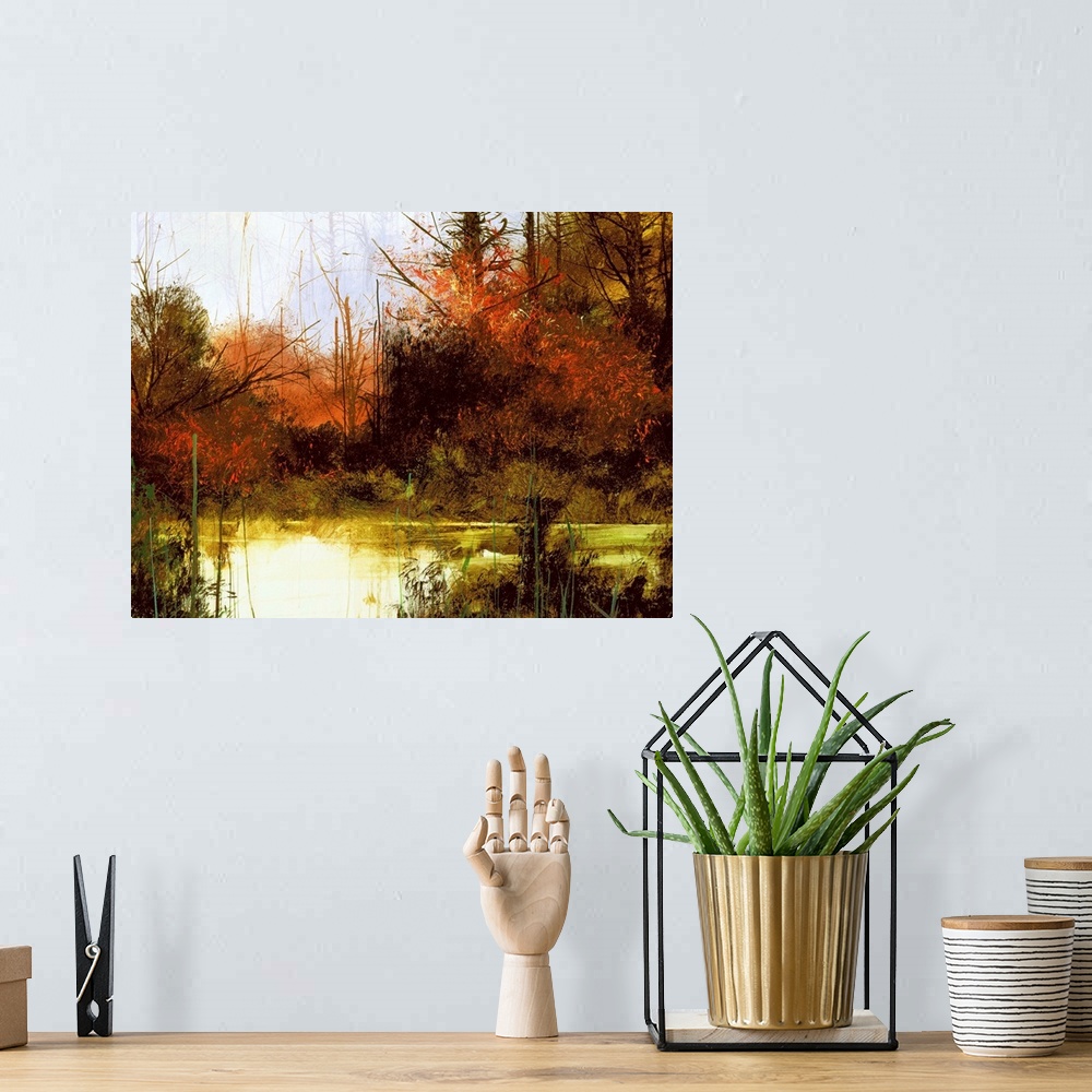 A bohemian room featuring Contemporary landscape painting of a forest created with deep red and green hues.