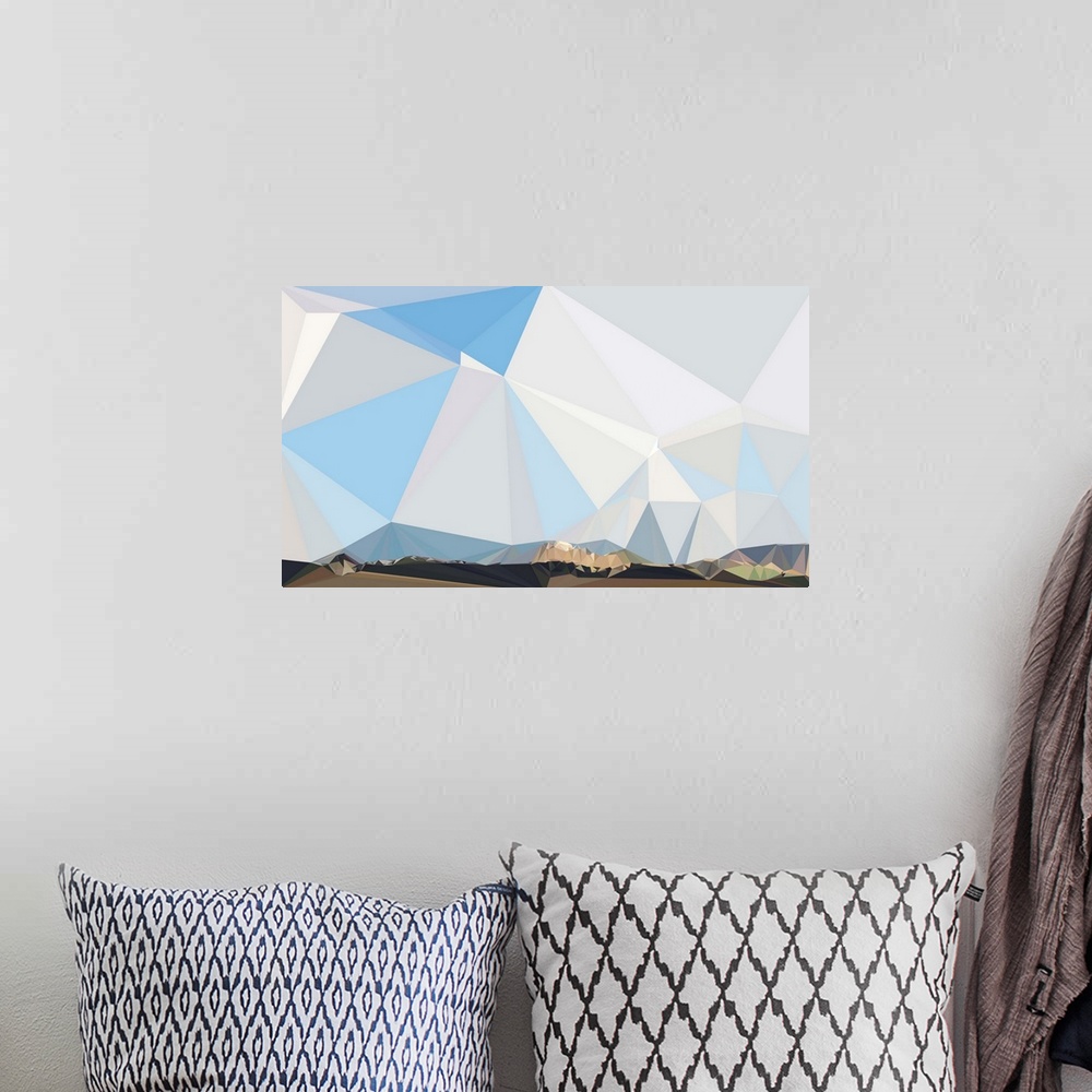 A bohemian room featuring Mountain range under a blue sky made of triangular shapes.