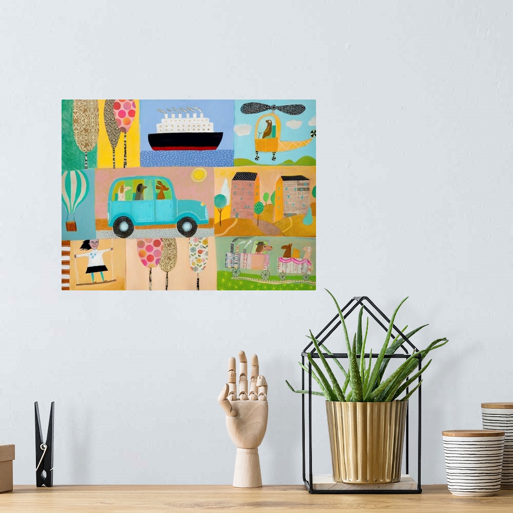 A bohemian room featuring Whimsical collage art perfect for a child's room or nursery.